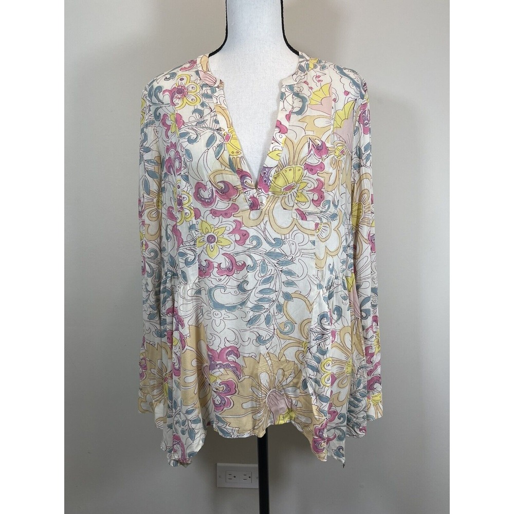 Anthropologie Maeve Women's 8 Popover Blouse Swirl Floral V Neck Bohemian Top